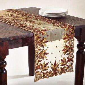 Luxurious Gold and Brown Embroidered Table Runner